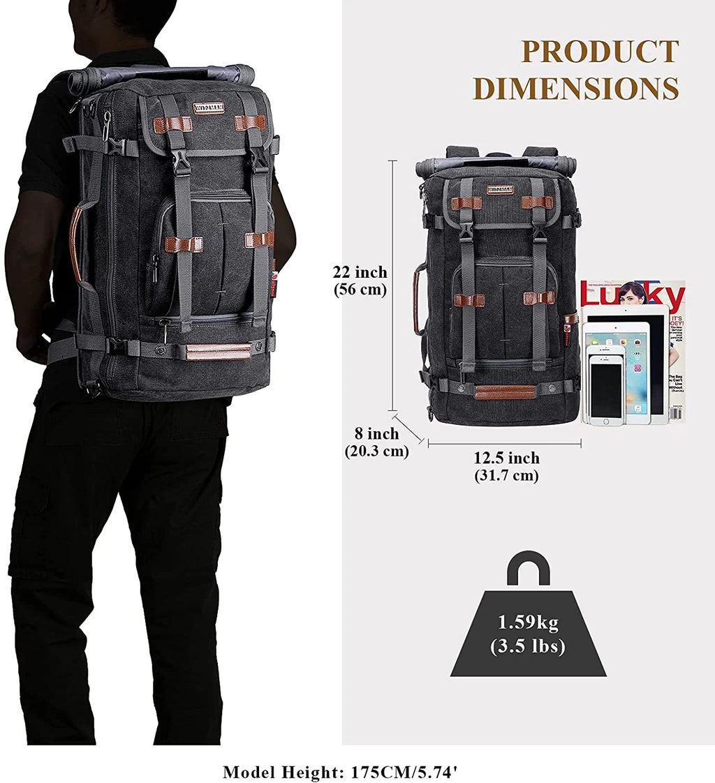 WITZMAN Travel Backpack for Men Large Canvas Backpack Luggage Carry on Duffel Bag A519-1 Black