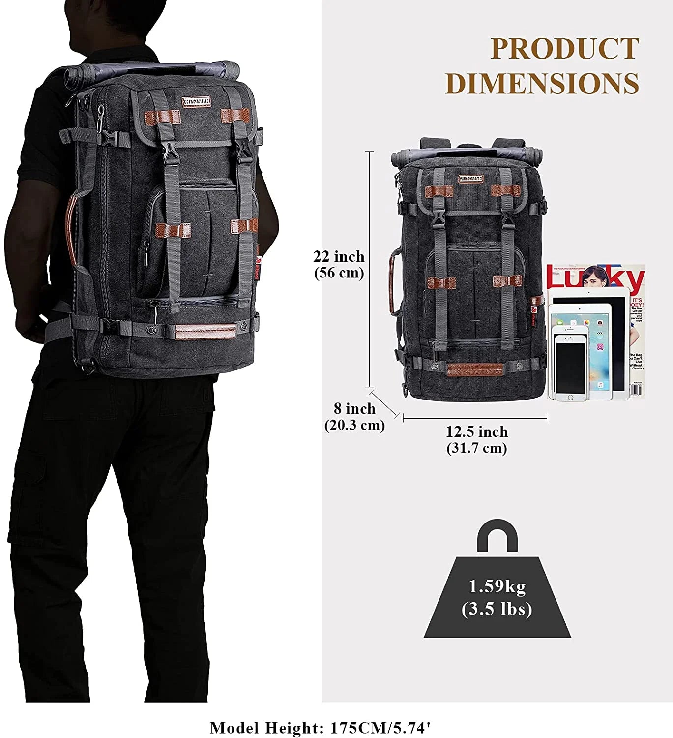 WITZMAN Travel Backpack for Men Large Canvas Backpack Luggage Carry on Duffel Bag A519-1 Black