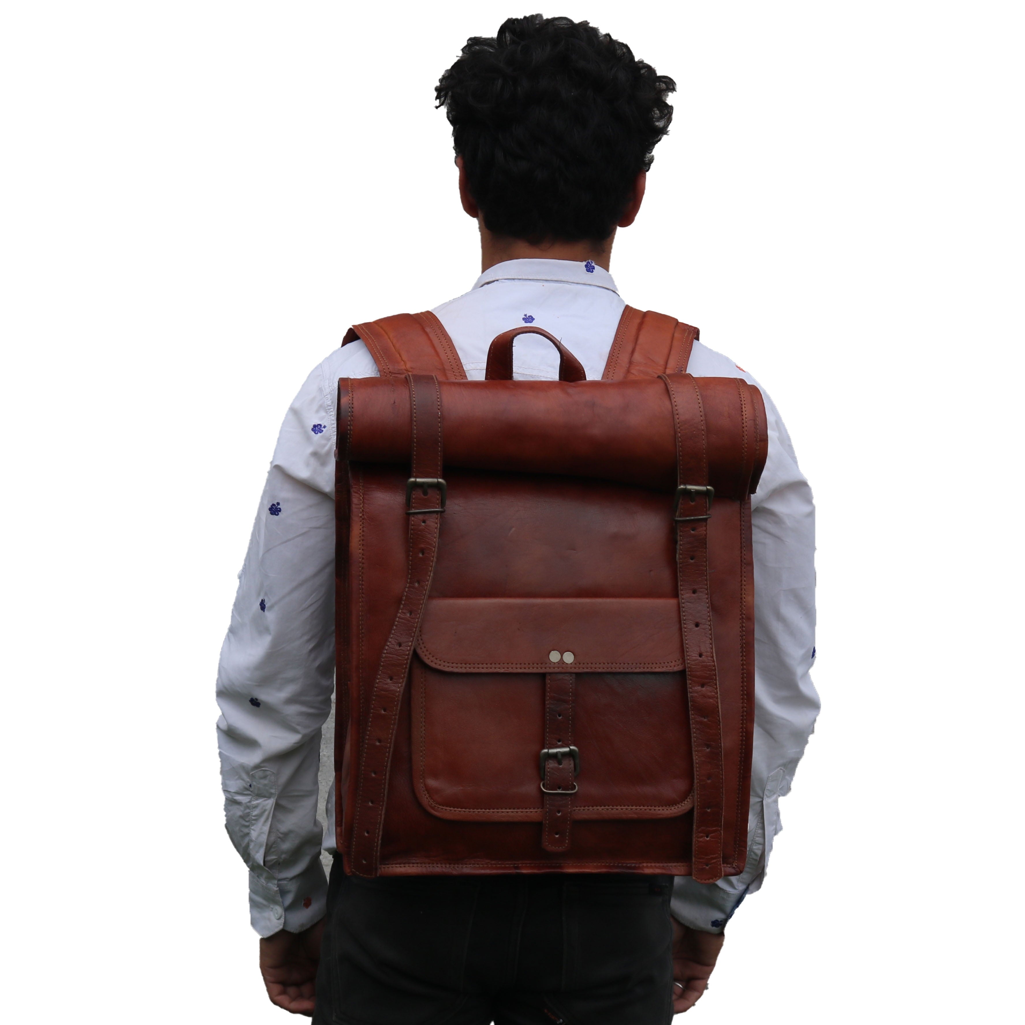 Jaald 23" Leather Backpack Vintage Rucksack Laptop Bag Mens Weekender Bag Women Roll Top Backpack Purse Travel Hiking College Bookbag