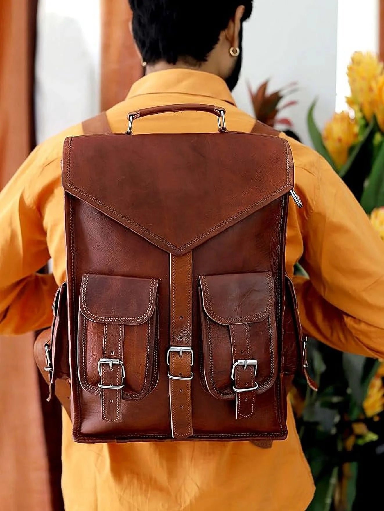 RUZIOON Vintage Leather Backpack Laptop Messenger Bag Rucksack Sling for Men Women, Brown, Size- 15"(H) X 5"(W) X 11"(L)
