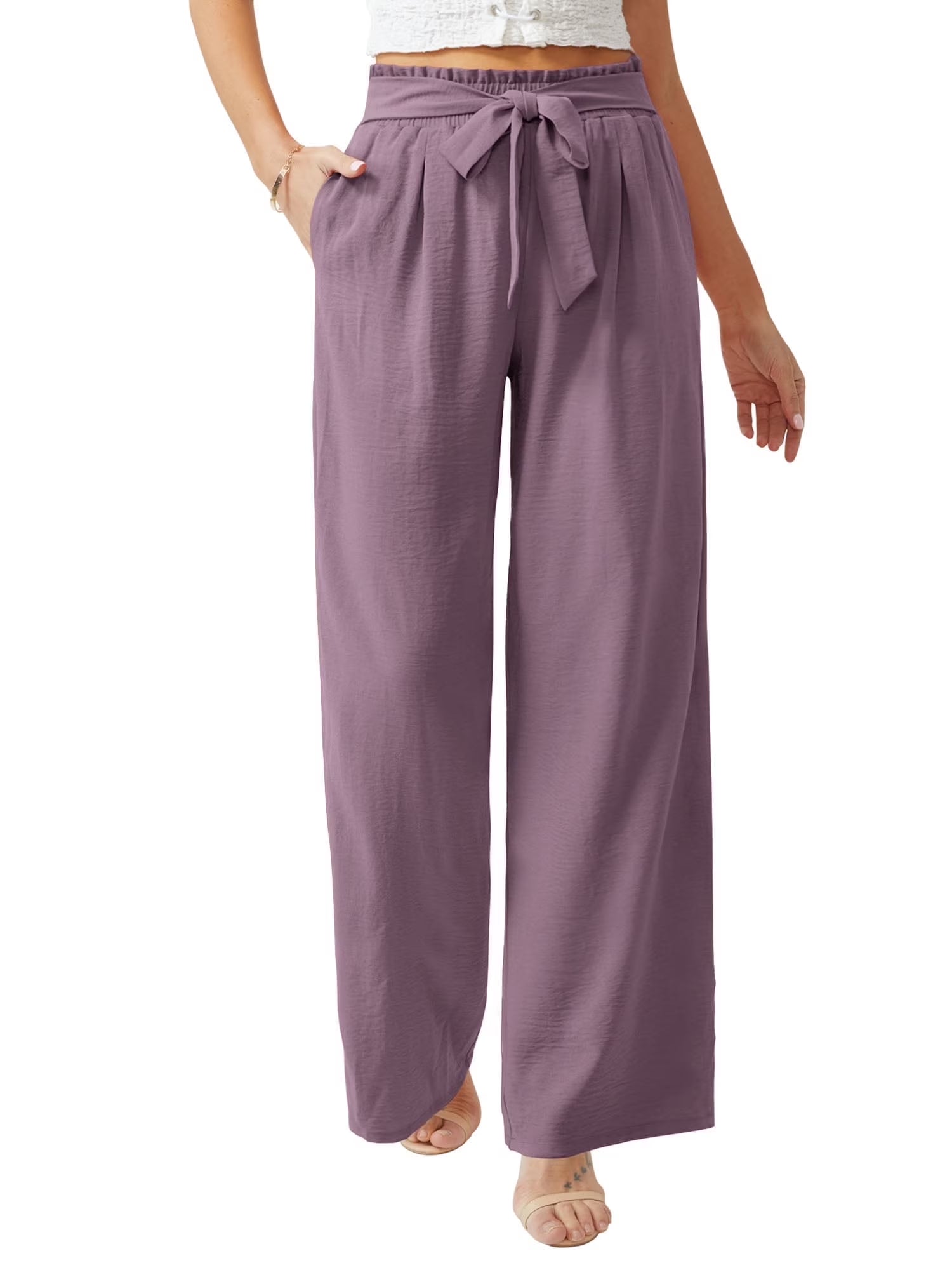 Anygrew Women Casual Wide Leg Pants High Waisted Business Work Casual Pants Loose Flowy Beach Palazzo Pants