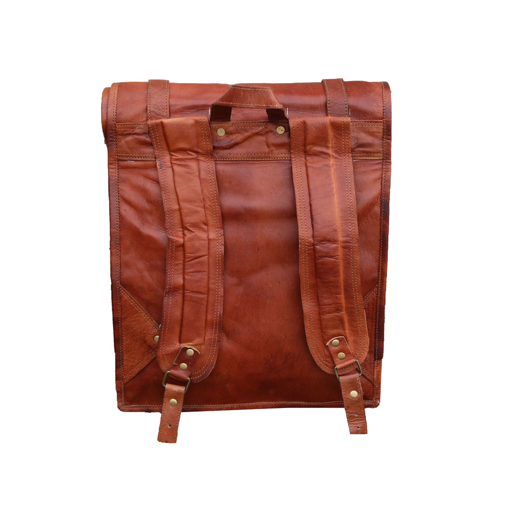 Jaald 23" Leather Backpack Vintage Rucksack Laptop Bag Mens Weekender Bag Women Roll Top Backpack Purse Travel Hiking College Bookbag