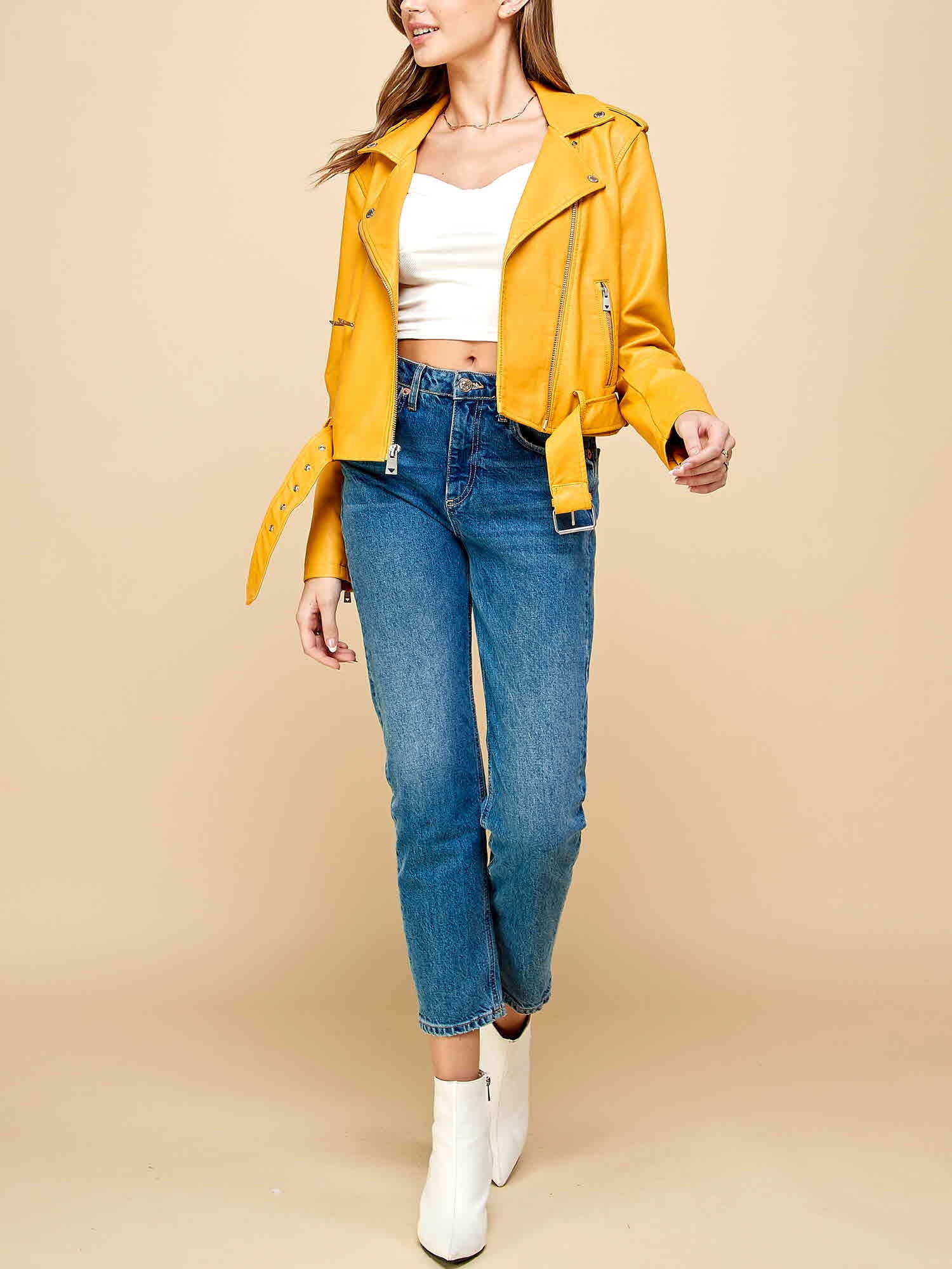 Made by Johnny Women'S Asymmetrical Faux Lether Belted Moto Jacket XL MUSTARD
