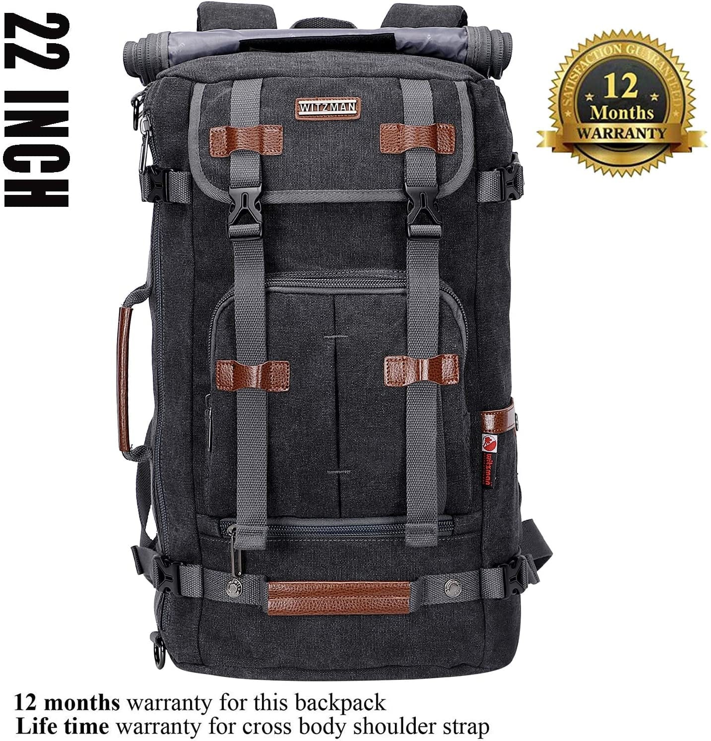 WITZMAN Travel Backpack for Men Large Canvas Backpack Luggage Carry on Duffel Bag A519-1 Black