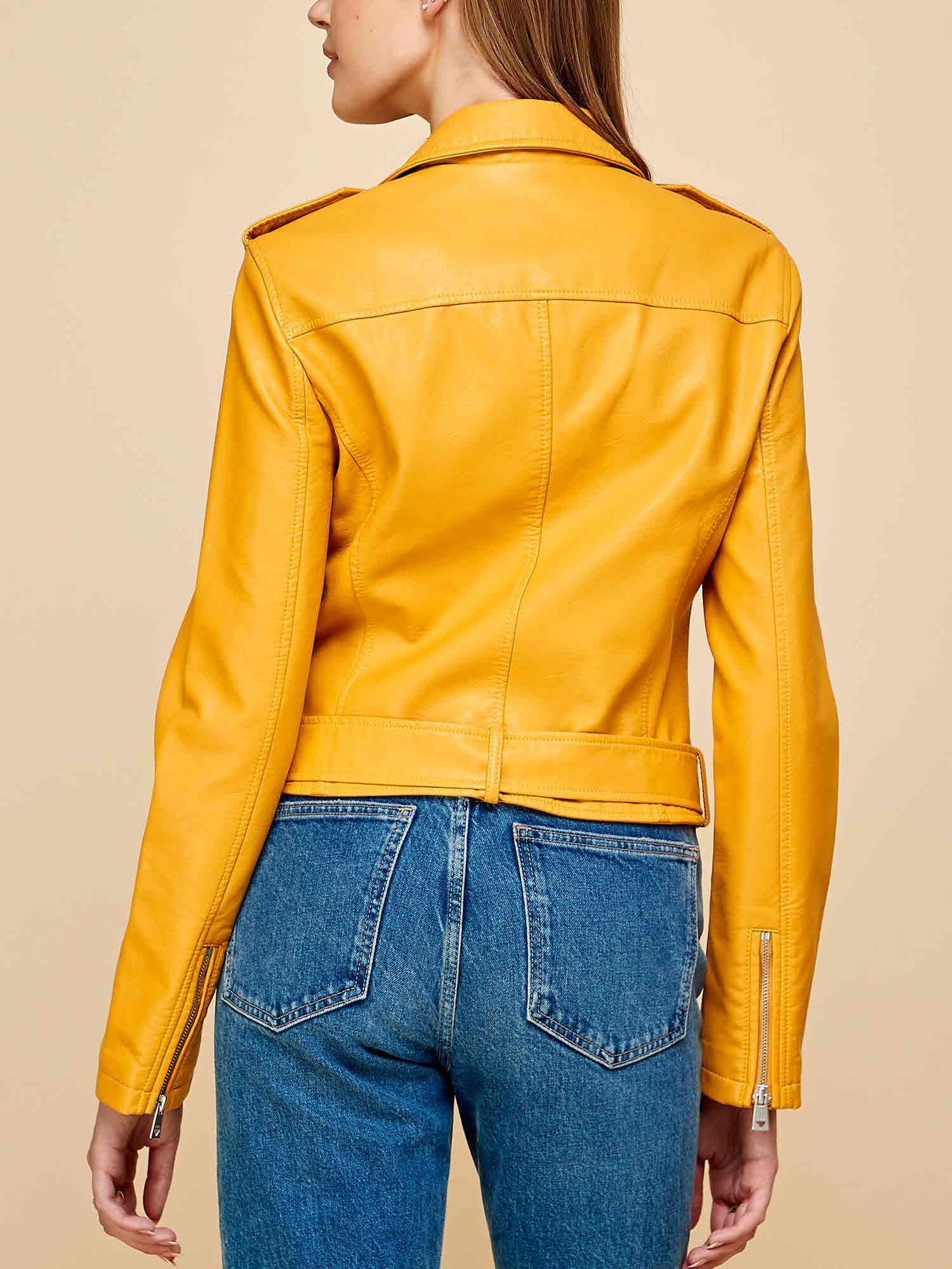 Made by Johnny Women'S Asymmetrical Faux Lether Belted Moto Jacket XL MUSTARD