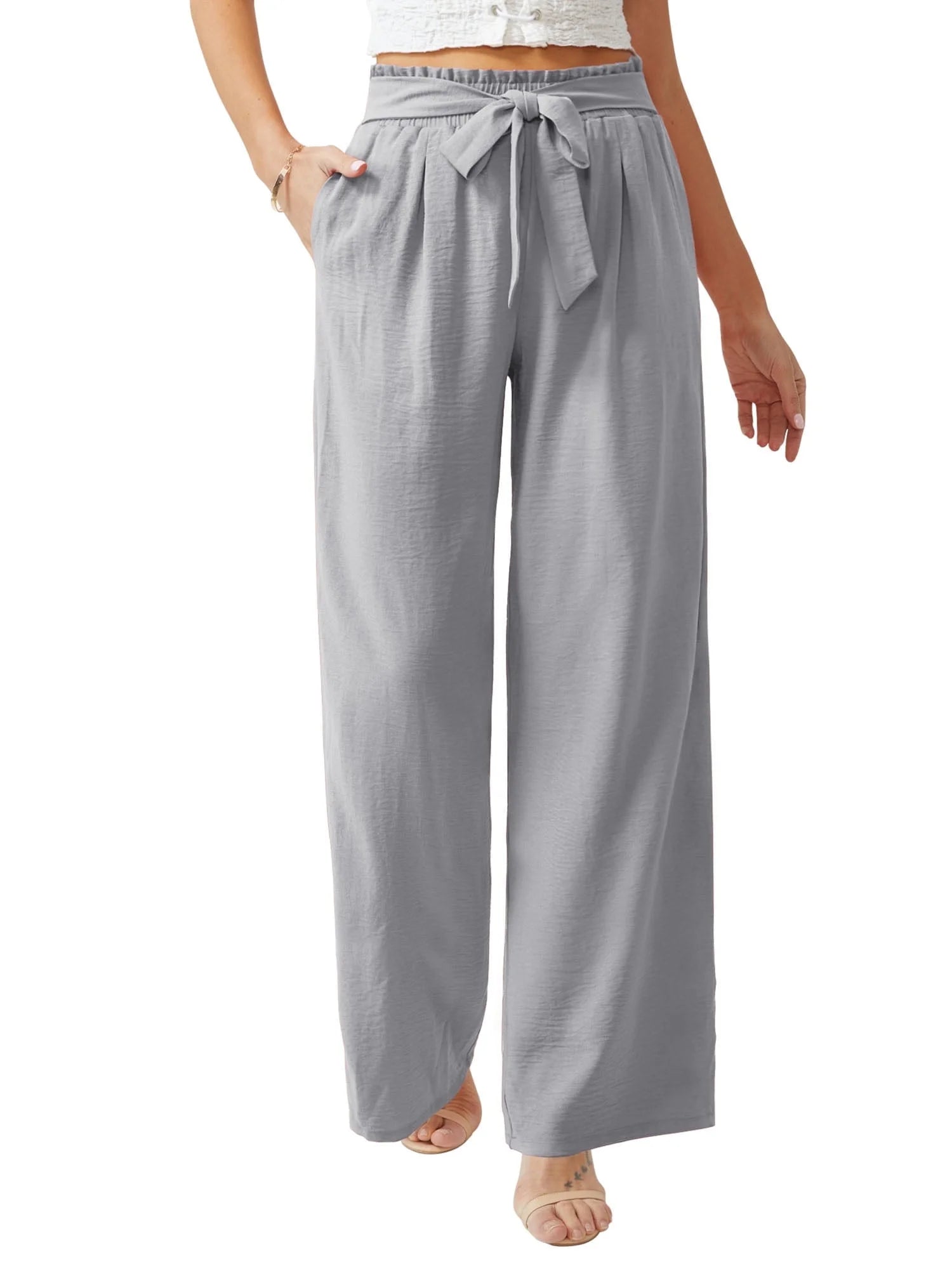 Anygrew Women Casual Wide Leg Pants High Waisted Business Work Casual Pants Loose Flowy Beach Palazzo Pants