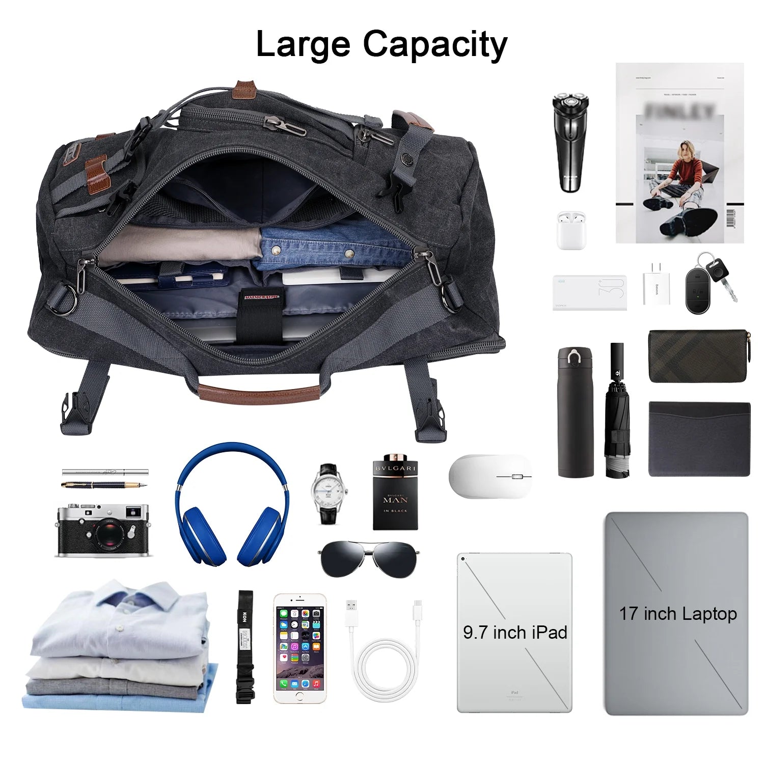 WITZMAN Travel Backpack for Men Large Canvas Backpack Luggage Carry on Duffel Bag A519-1 Black