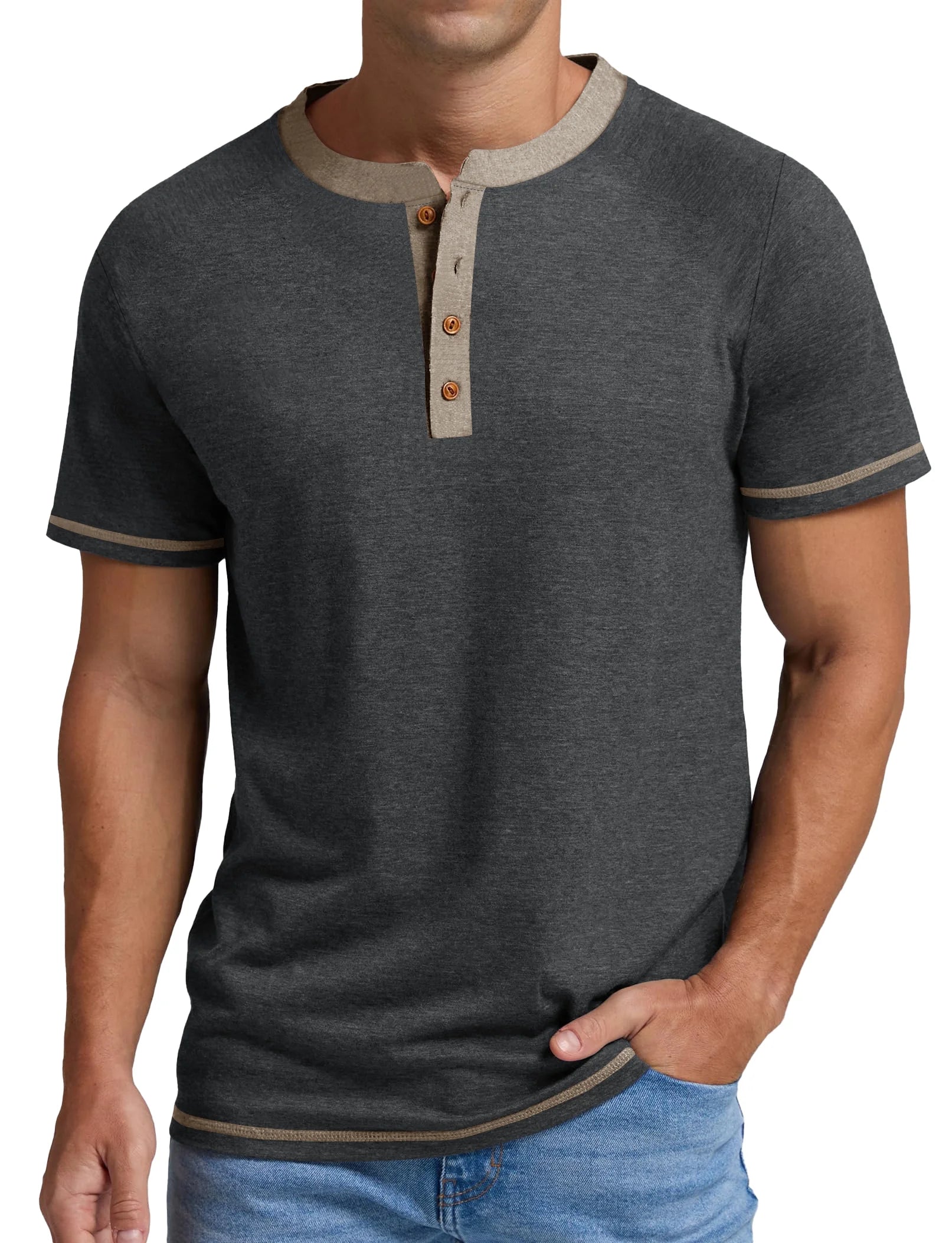 GENTS BLISS Henley Men Shirts Short Sleeve T Shirts for Men Crew Neck Color Block Men Shirts