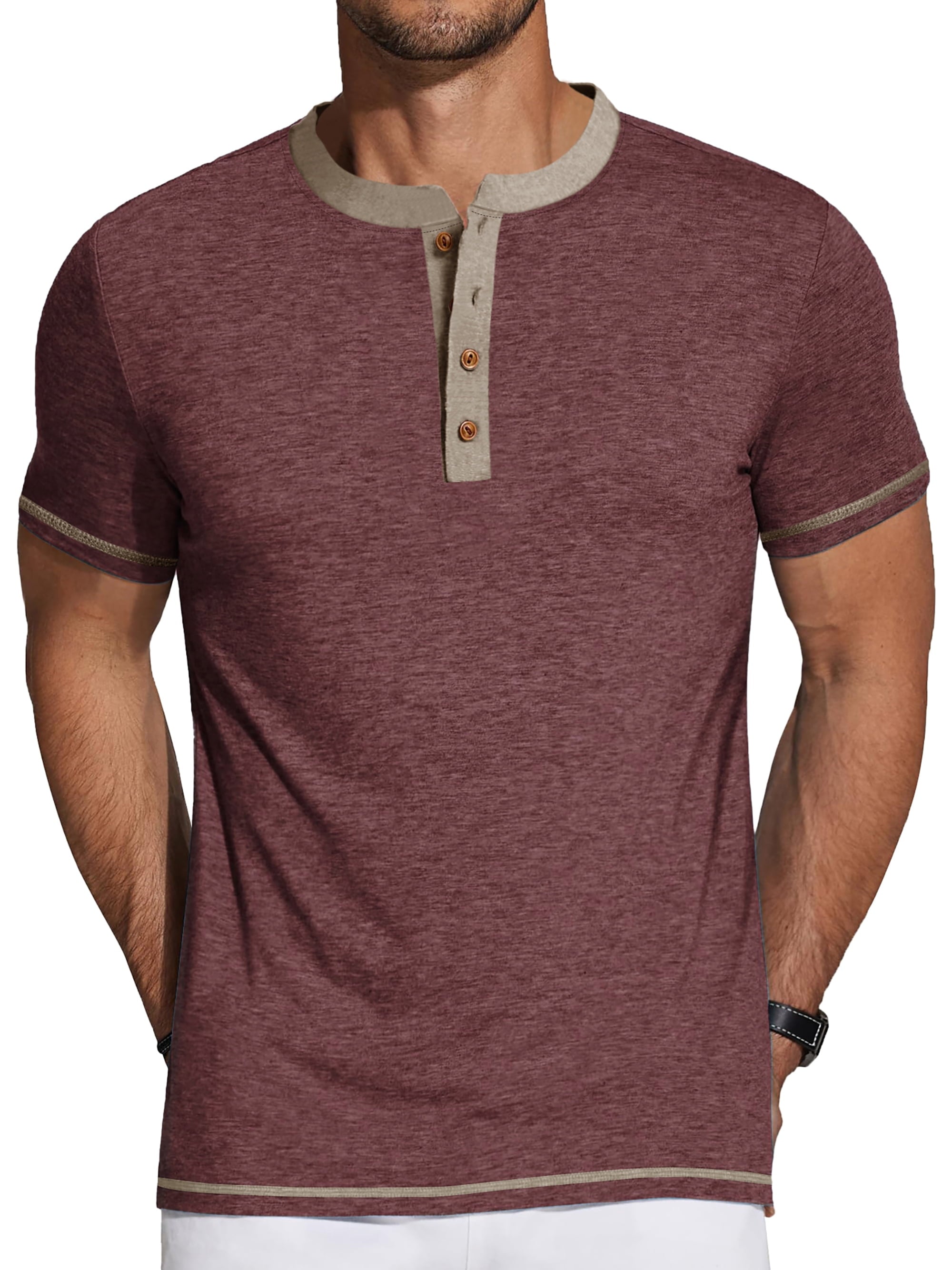 GENTS BLISS Henley Men Shirts Short Sleeve T Shirts for Men Crew Neck Color Block Men Shirts