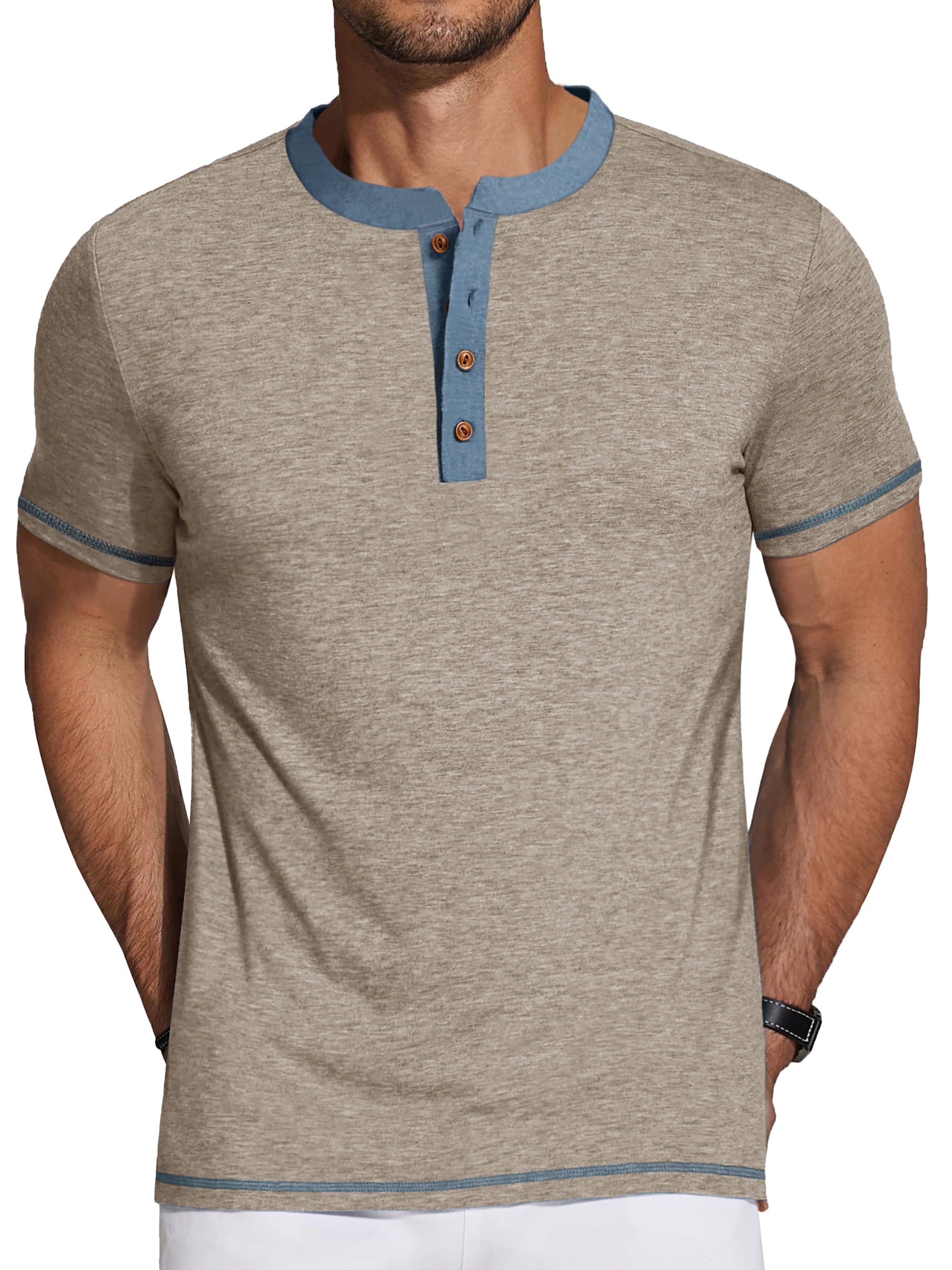 GENTS BLISS Henley Men Shirts Short Sleeve T Shirts for Men Crew Neck Color Block Men Shirts