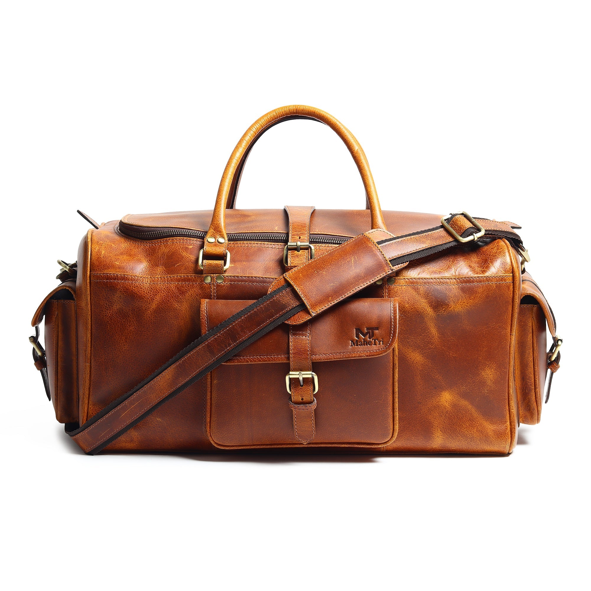 Brown leather duffel bag with gold hardware on a white background