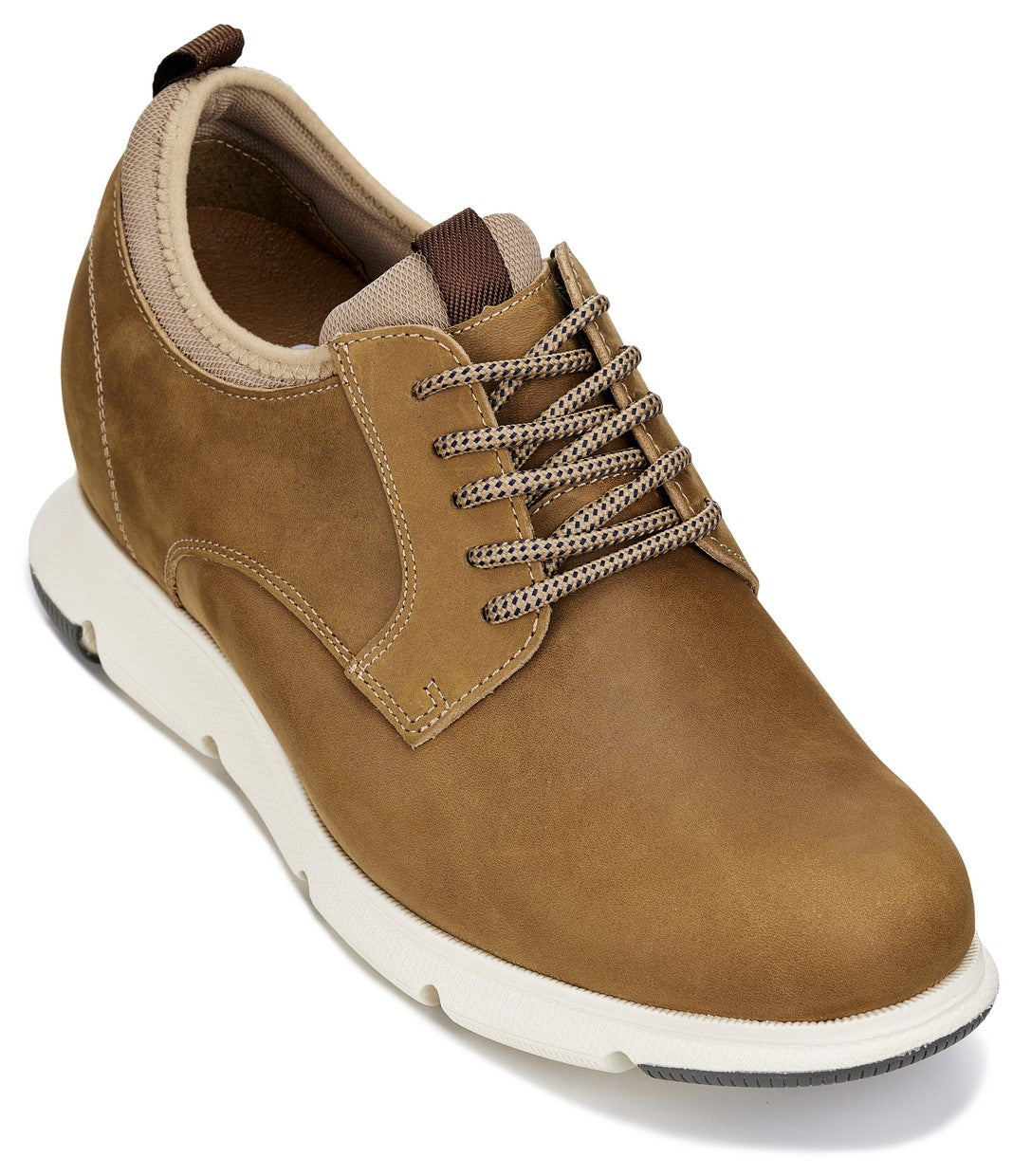 Brown leather shoe with white sole on a white background