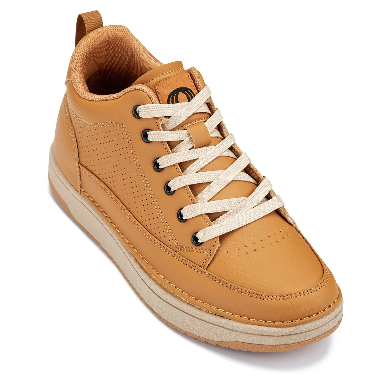 Tan sneaker with white laces on a white background