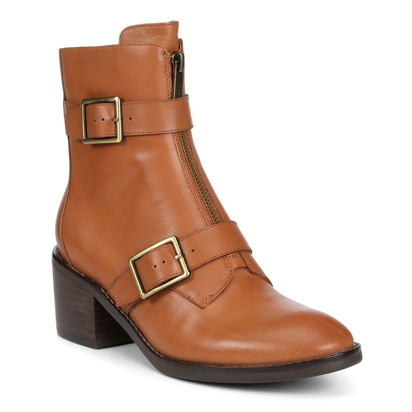 Brown leather boot with gold buckles on a white background
