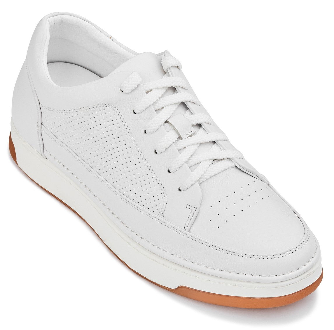 White sneaker with a brown sole on a white background