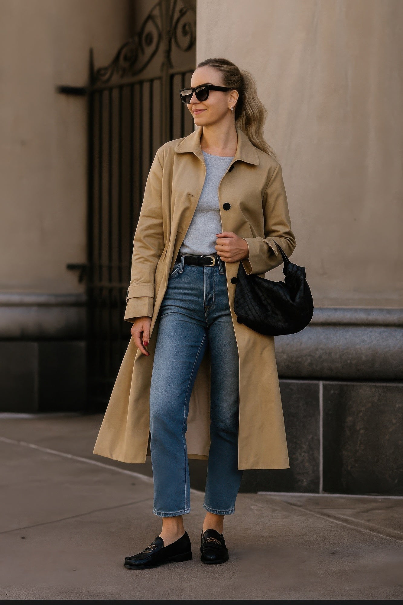 Woman wearing a beige trench coat, blue jeans, and black loafers standing outdoors.