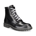 Black leather boot with white laces on a white background
