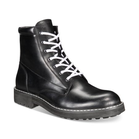 Black leather boot with white laces on a white background