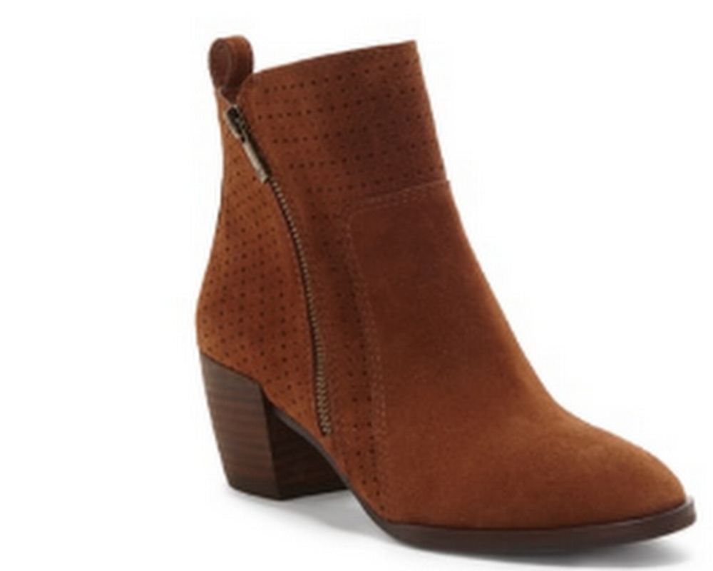 Brown ankle boot with a block heel on a white background