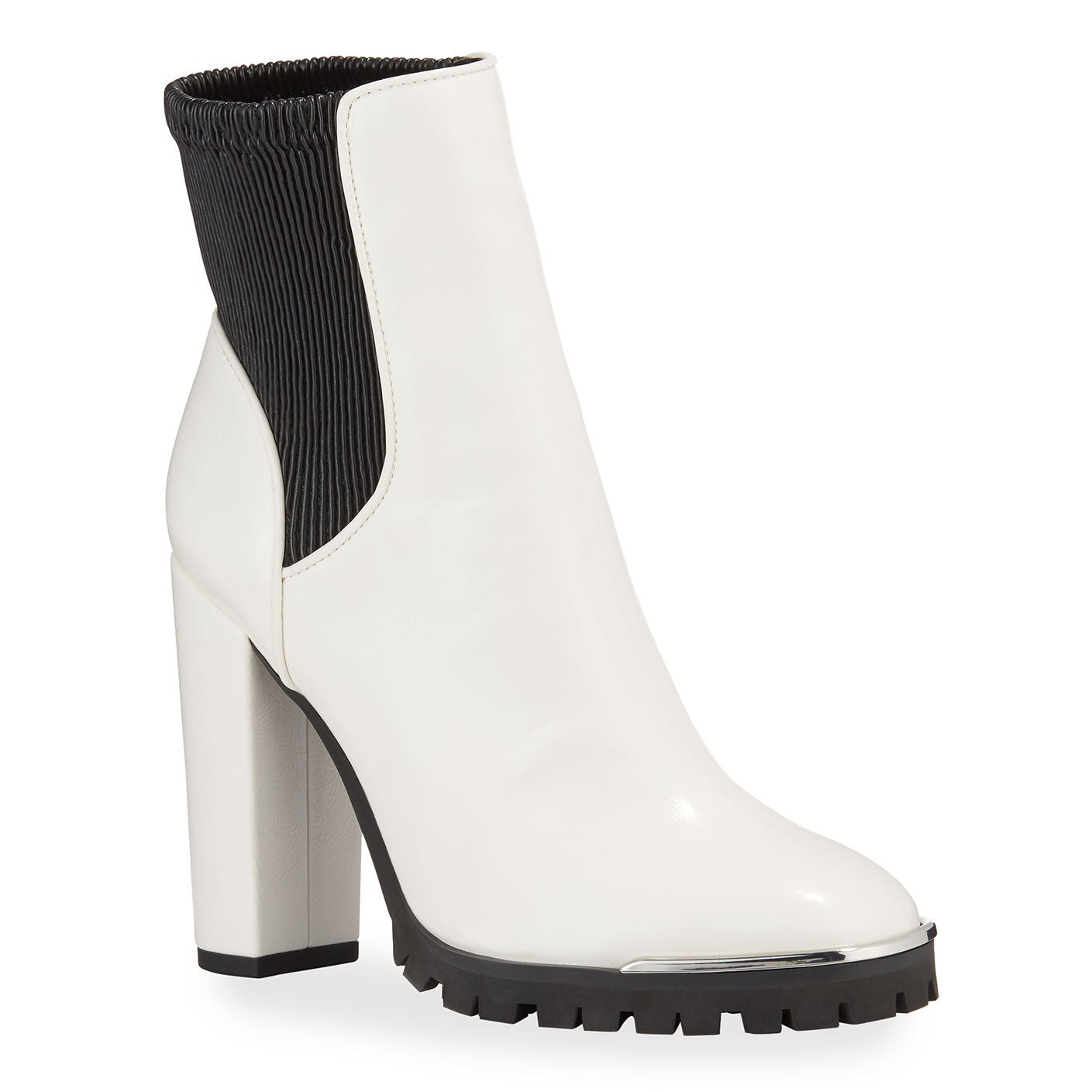 White ankle boot with black block heel and sole on a white background