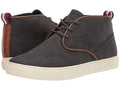 Pair of dark gray high-top sneakers with brown accents on a white background