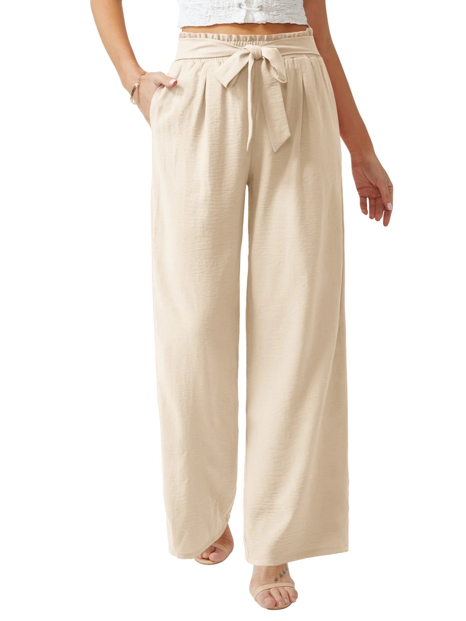 Anygrew Women Casual Wide Leg Pants High Waisted Business Work Casual Pants Loose Flowy Beach Palazzo Pants