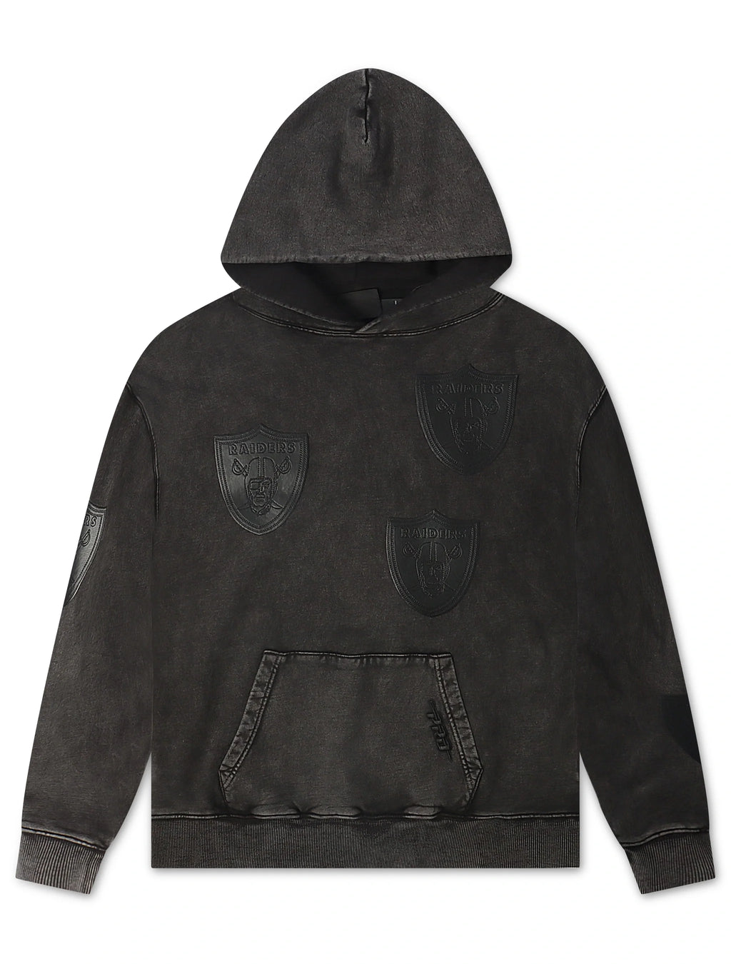 Black hoodie with patches on a white background