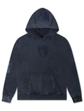 Navy blue hoodie with a logo on a white background