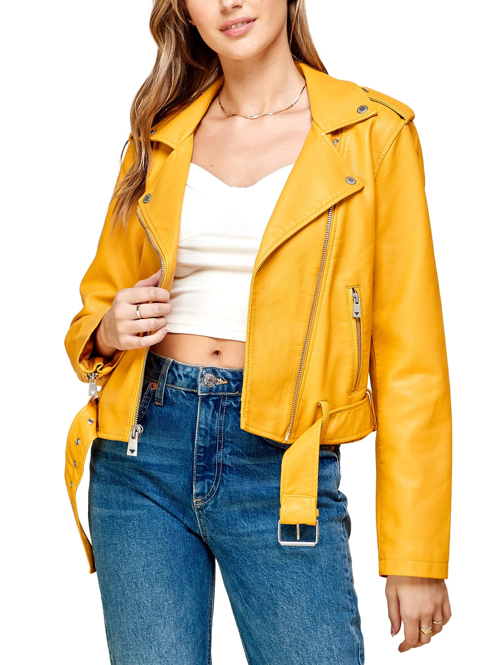 Made by Johnny Women'S Asymmetrical Faux Lether Belted Moto Jacket XL MUSTARD