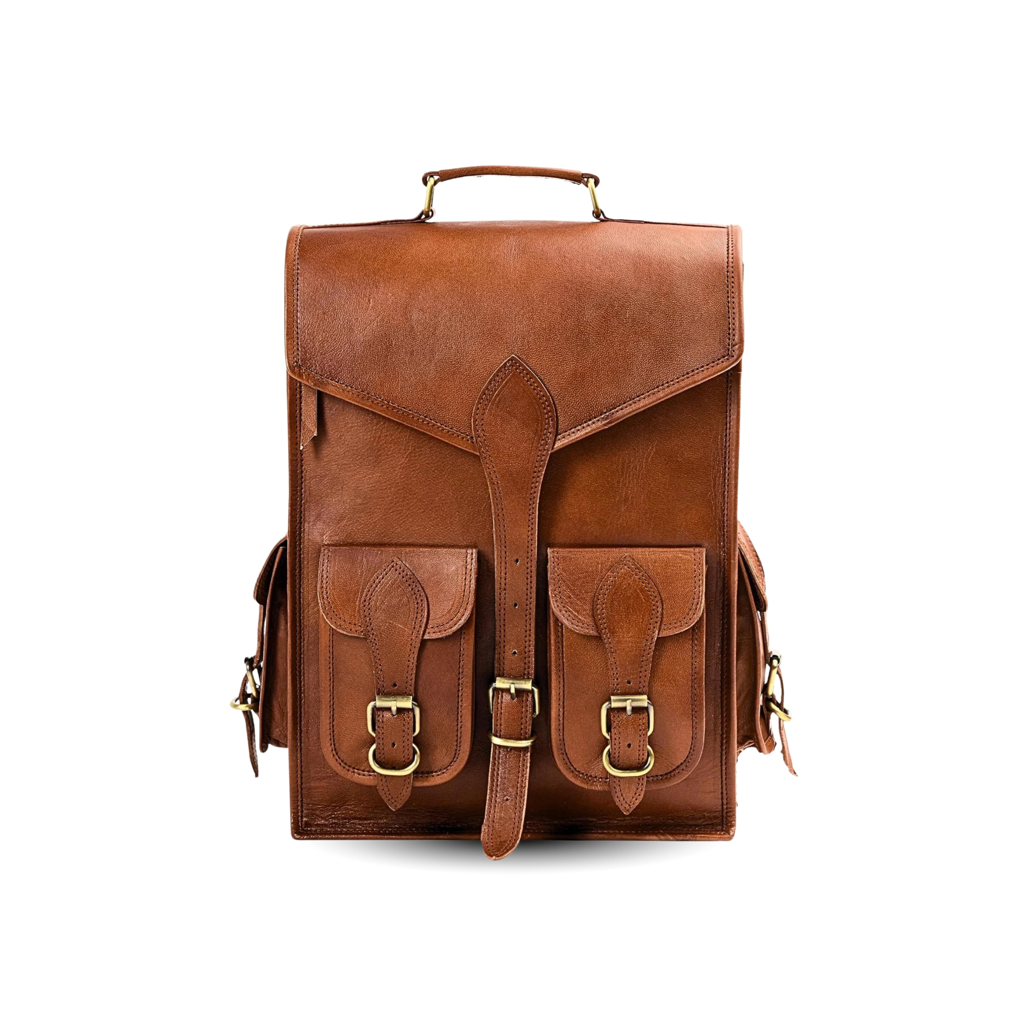 Brown leather backpack with gold buckles on a white background