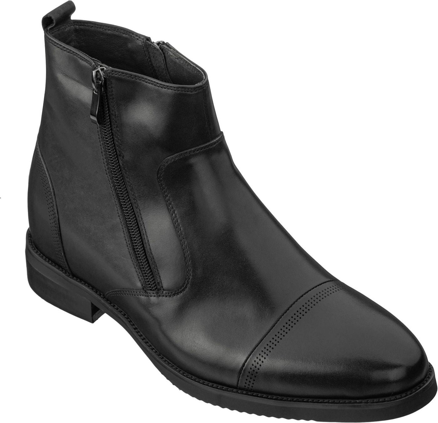 Black leather boot with a zipper on a white background
