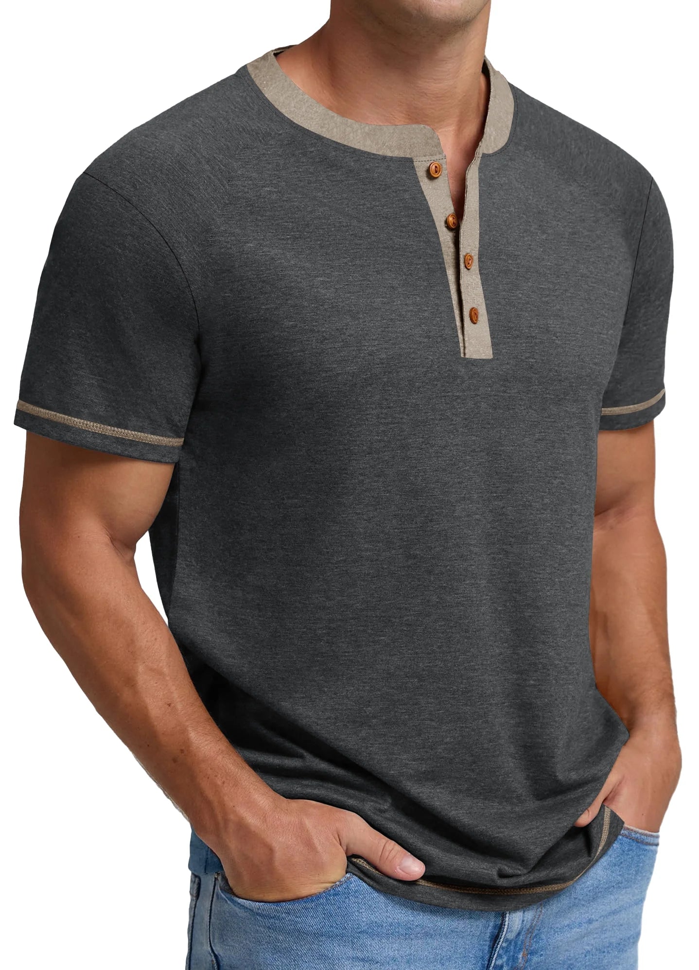 GENTS BLISS Henley Men Shirts Short Sleeve T Shirts for Men Crew Neck Color Block Men Shirts