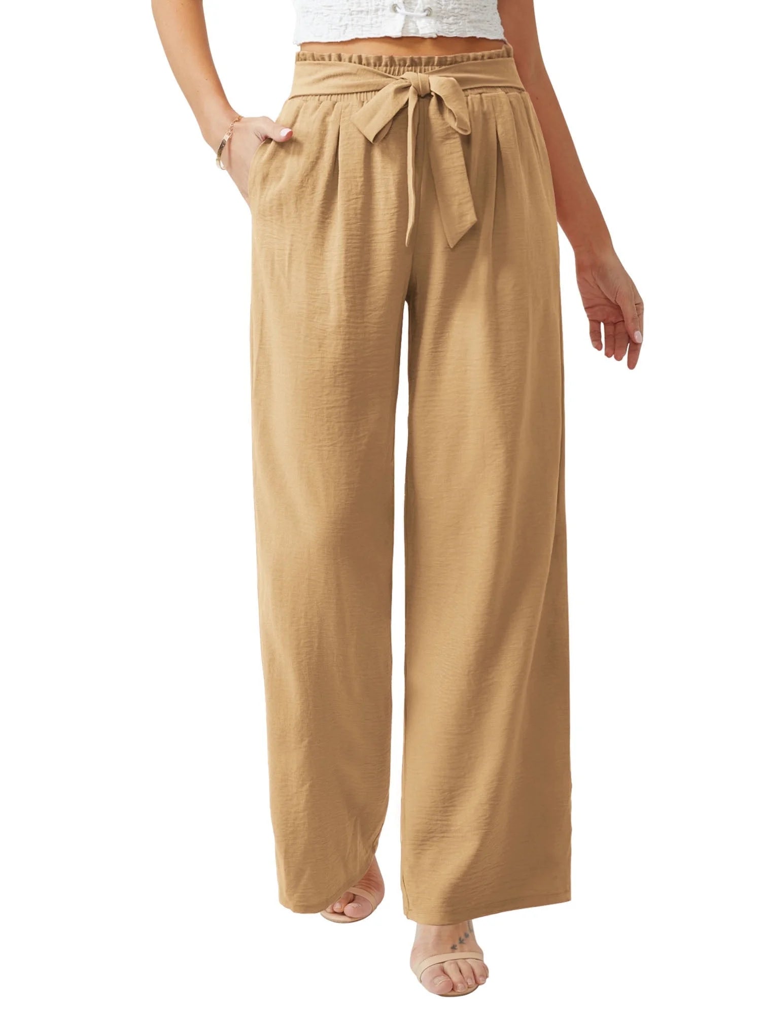 Anygrew Women Casual Wide Leg Pants High Waisted Business Work Casual Pants Loose Flowy Beach Palazzo Pants