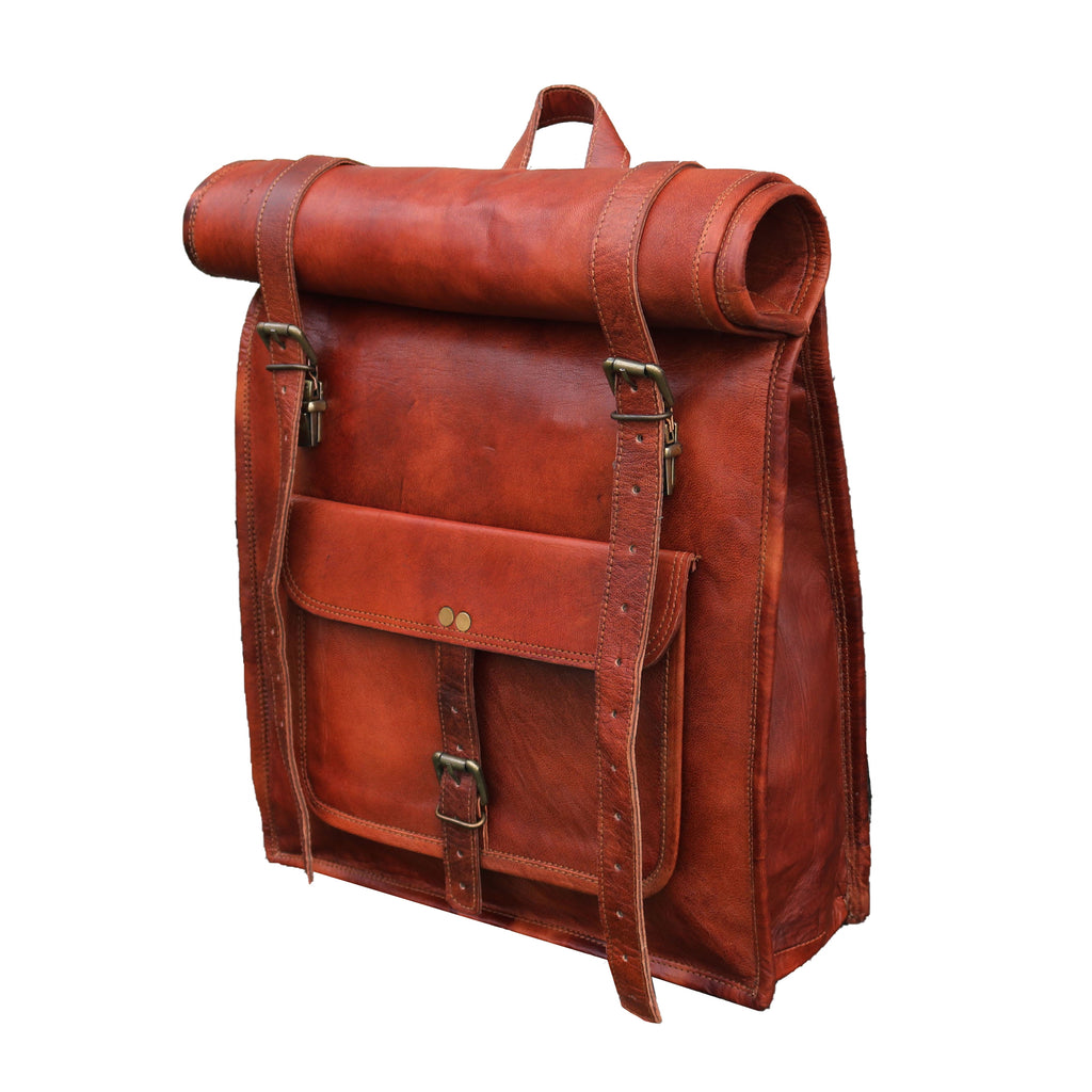 Jaald 23" Leather Backpack Vintage Rucksack Laptop Bag Mens Weekender Bag Women Roll Top Backpack Purse Travel Hiking College Bookbag