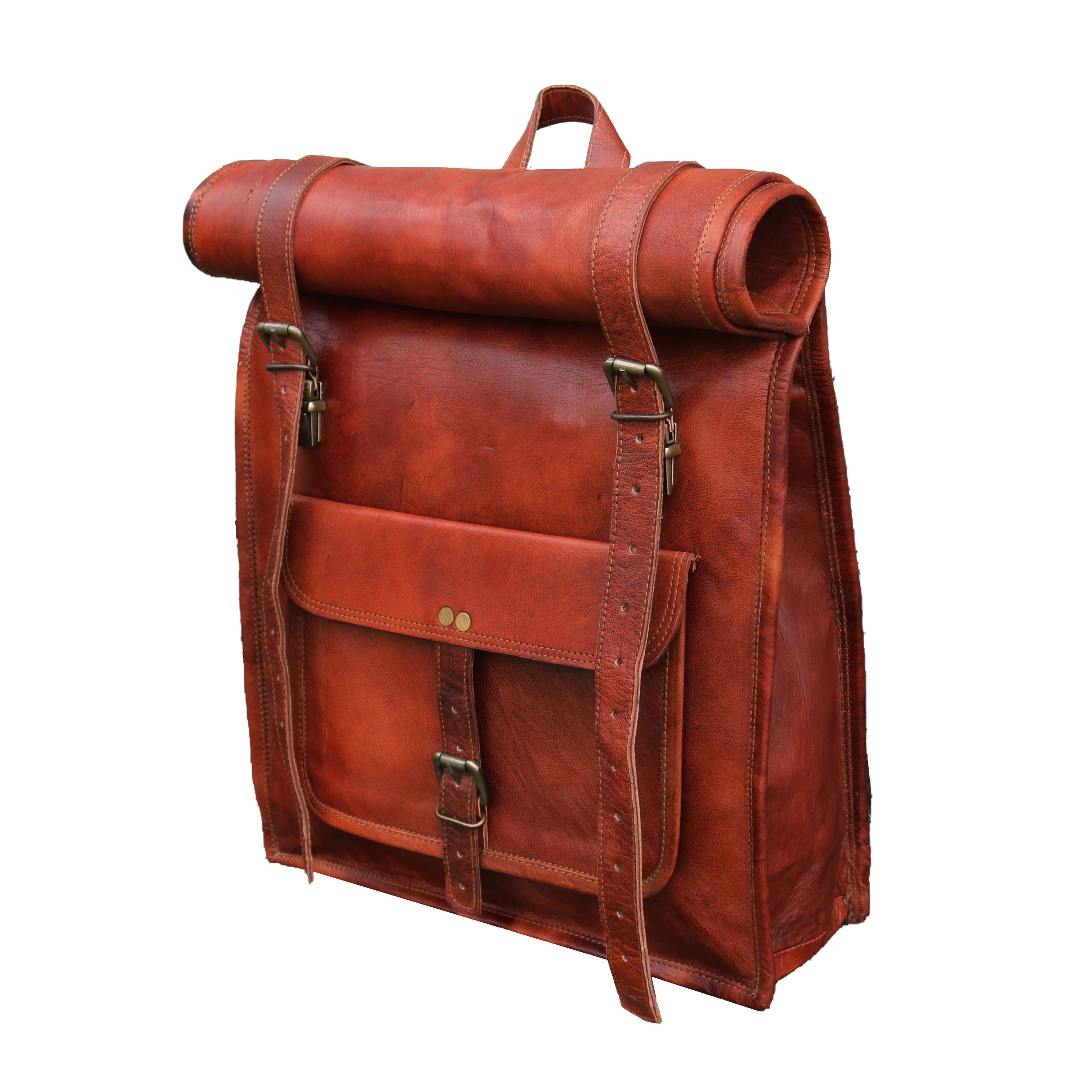Jaald 23" Leather Backpack Vintage Rucksack Laptop Bag Mens Weekender Bag Women Roll Top Backpack Purse Travel Hiking College Bookbag