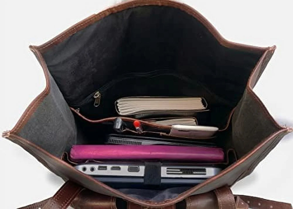 Jaald 23" Leather Backpack Vintage Rucksack Laptop Bag Mens Weekender Bag Women Roll Top Backpack Purse Travel Hiking College Bookbag
