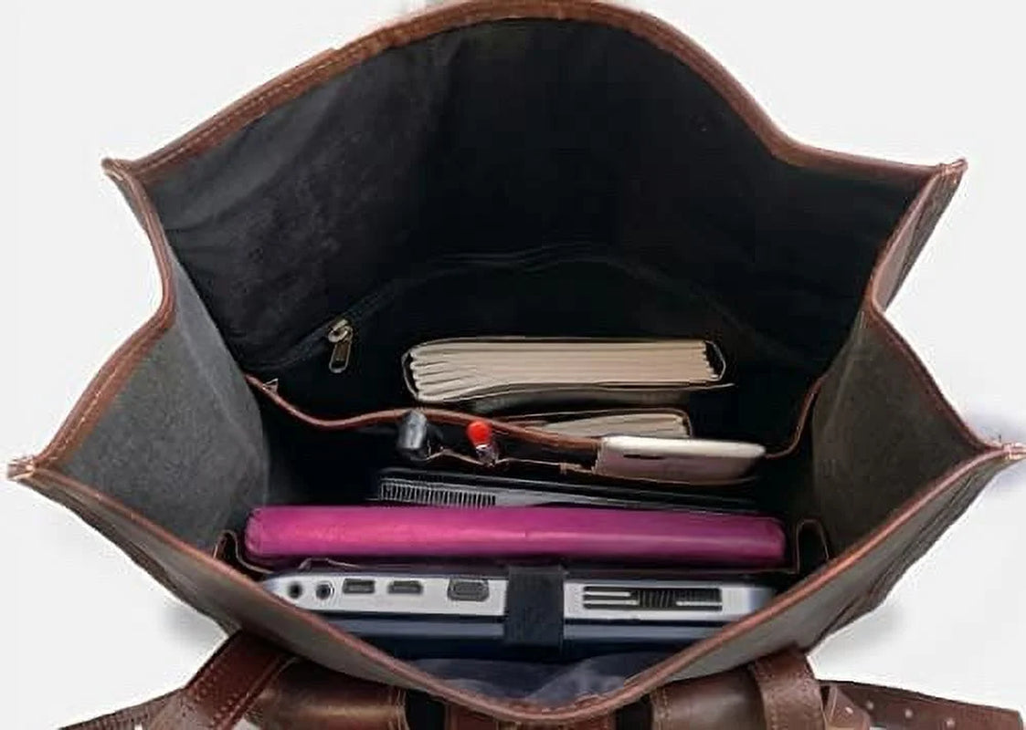 Jaald 23" Leather Backpack Vintage Rucksack Laptop Bag Mens Weekender Bag Women Roll Top Backpack Purse Travel Hiking College Bookbag