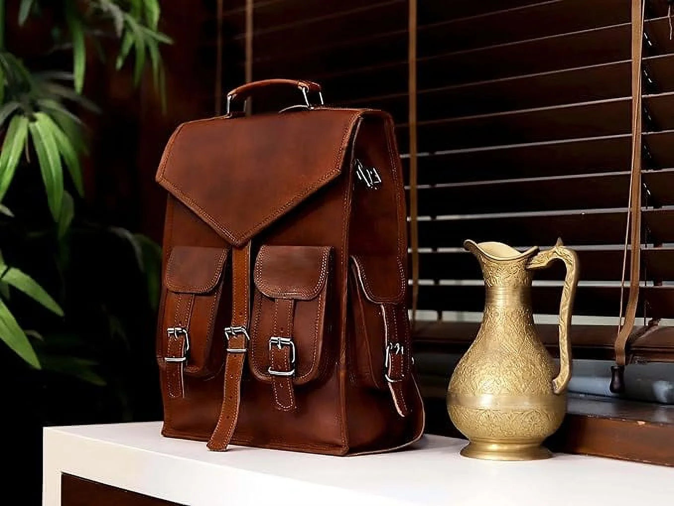 RUZIOON Vintage Leather Backpack Laptop Messenger Bag Rucksack Sling for Men Women, Brown, Size- 15"(H) X 5"(W) X 11"(L)