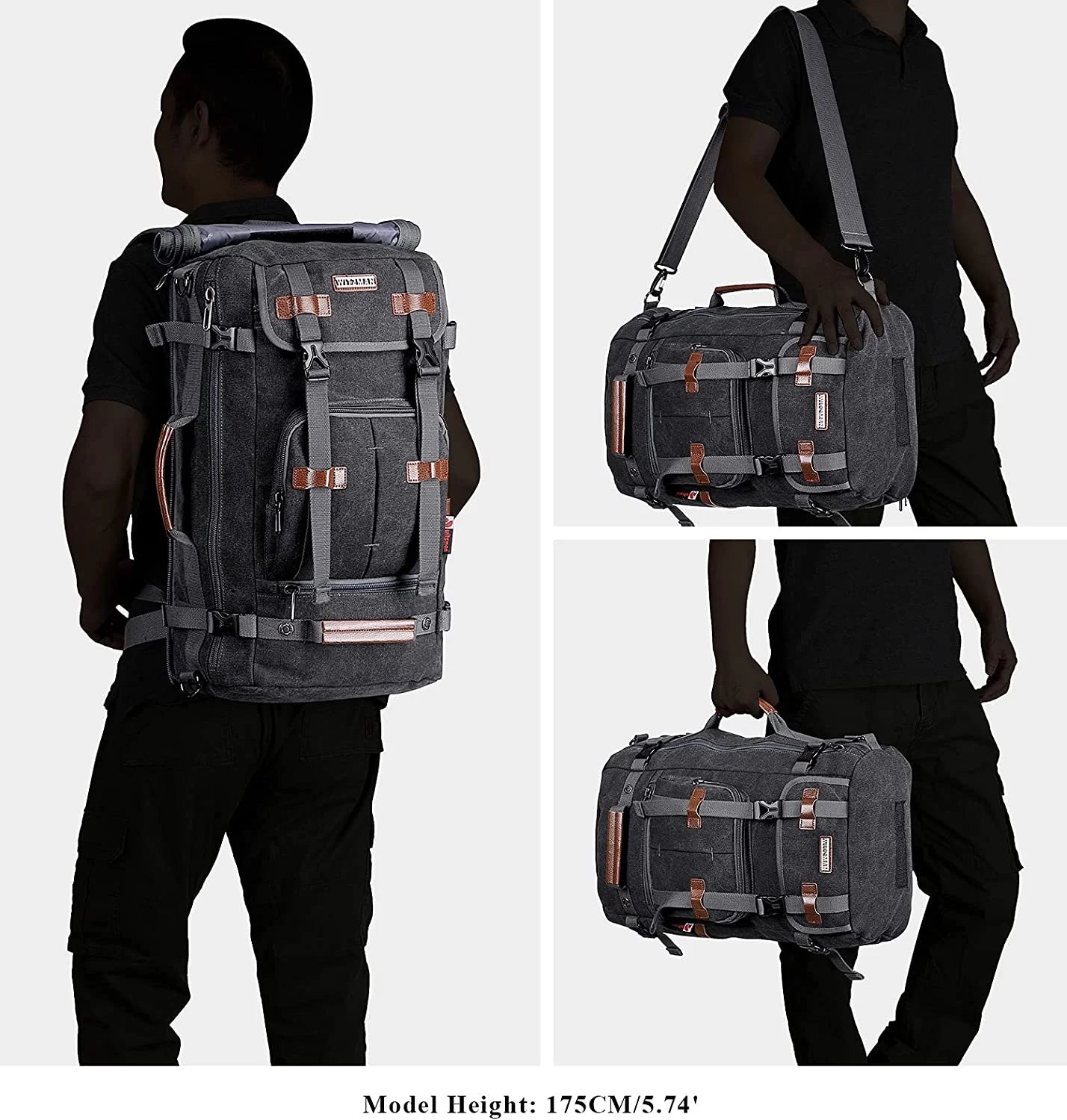 WITZMAN Travel Backpack for Men Large Canvas Backpack Luggage Carry on Duffel Bag A519-1 Black