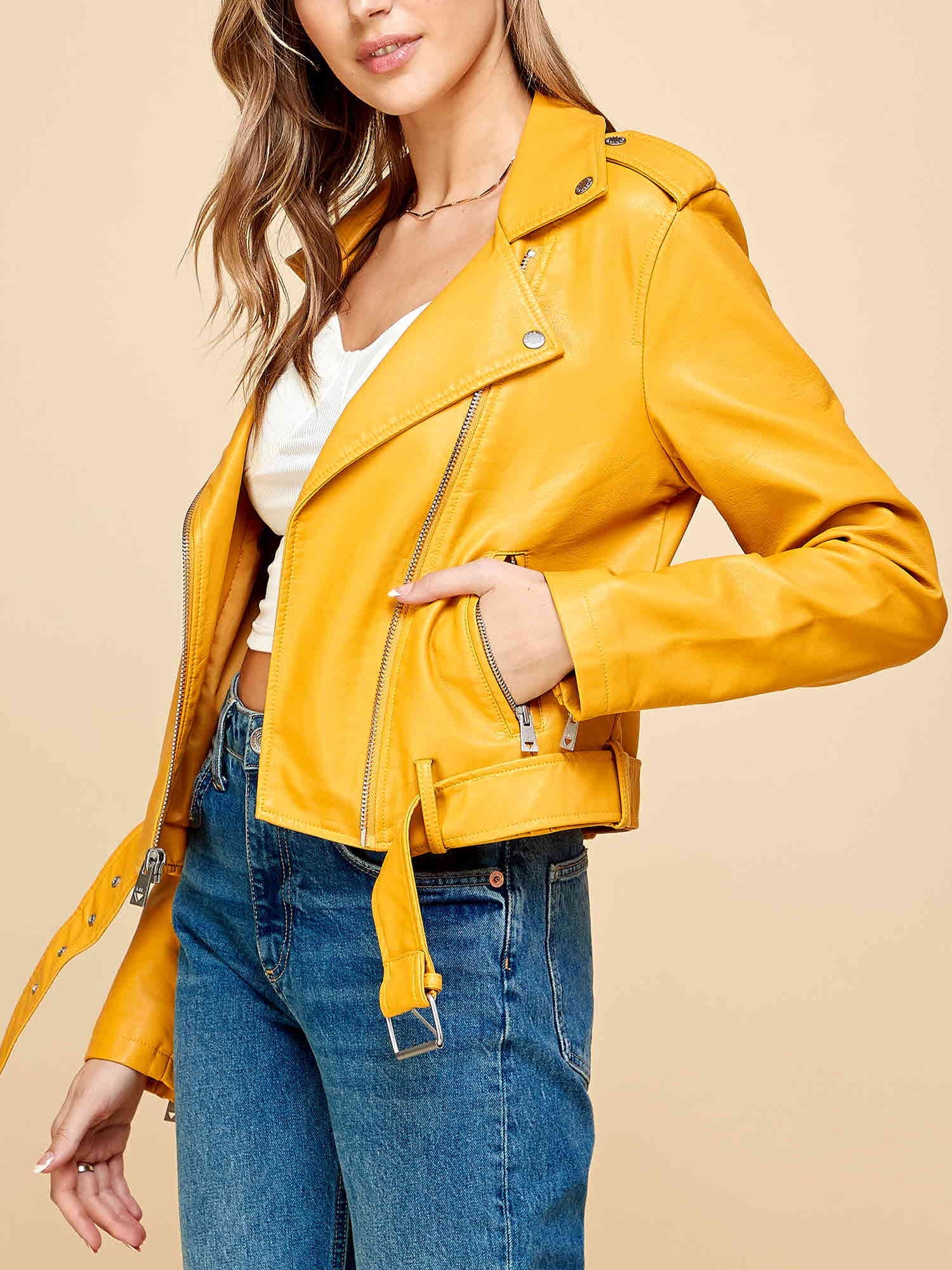 Made by Johnny Women'S Asymmetrical Faux Lether Belted Moto Jacket XL MUSTARD