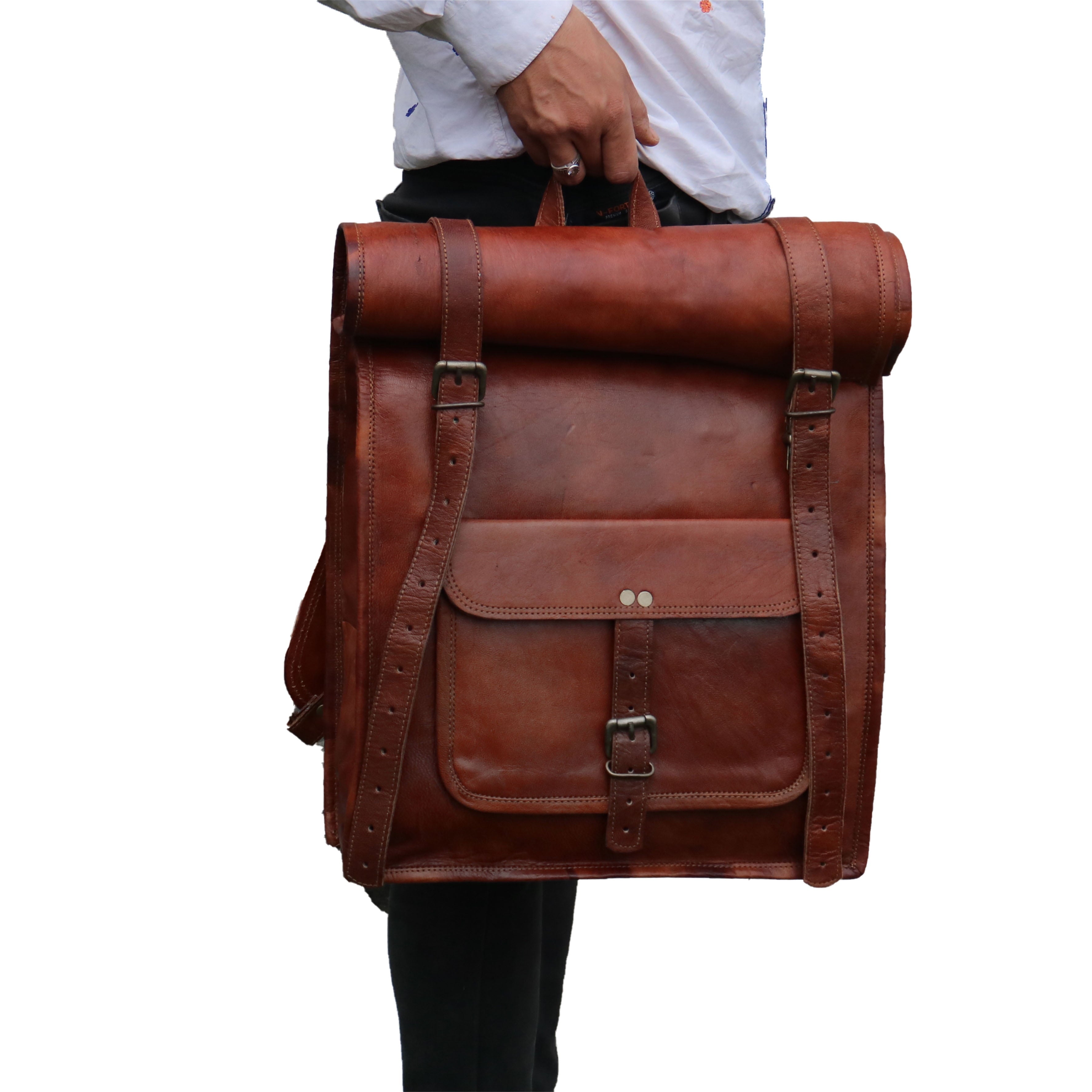 Jaald 23" Leather Backpack Vintage Rucksack Laptop Bag Mens Weekender Bag Women Roll Top Backpack Purse Travel Hiking College Bookbag