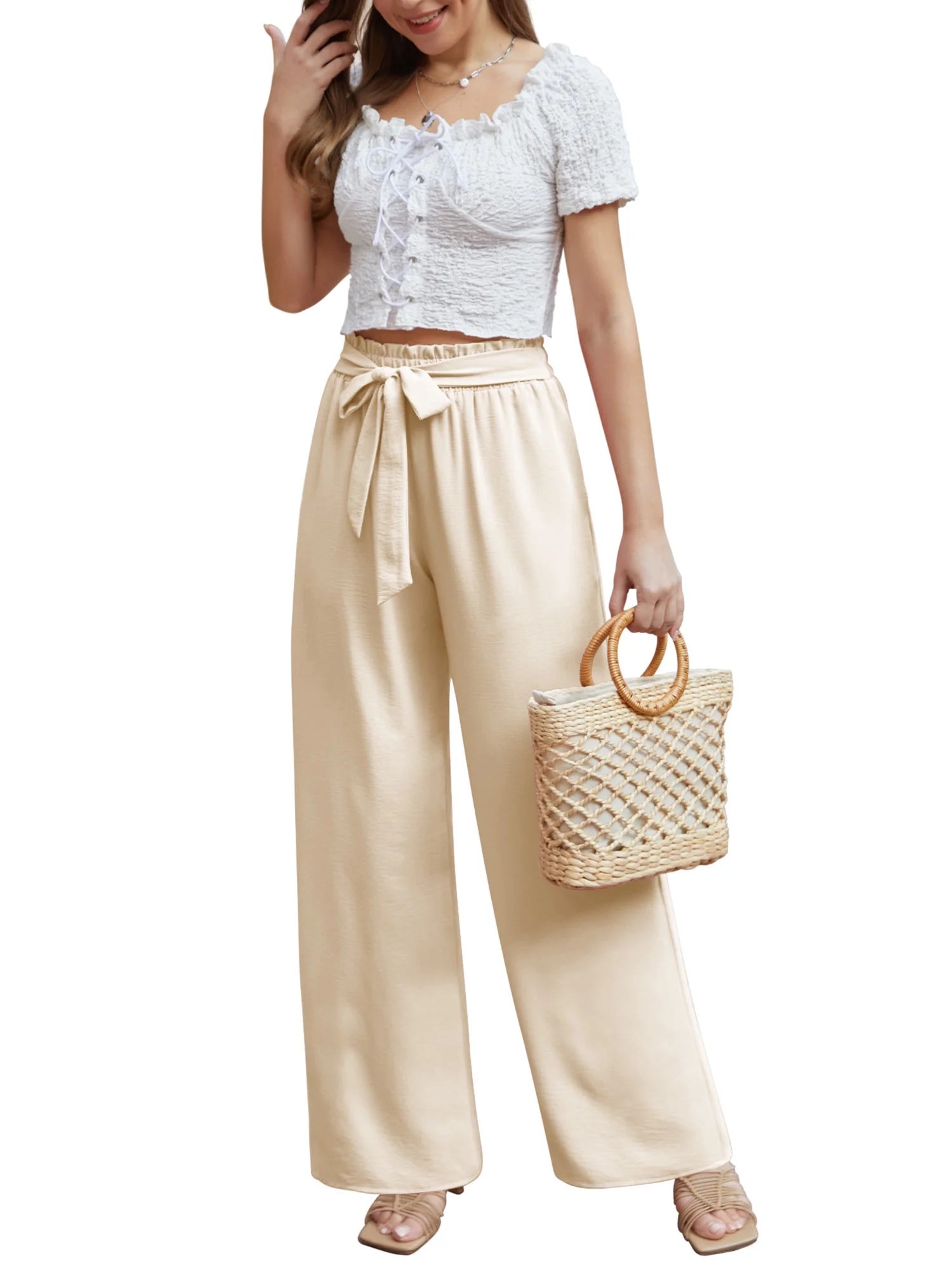 Anygrew Women Casual Wide Leg Pants High Waisted Business Work Casual Pants Loose Flowy Beach Palazzo Pants